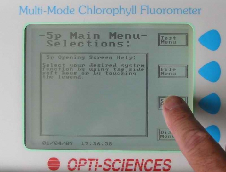 OS5p+ fluorometer touch screen in use.