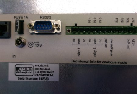 EGA61 analogue inputs, relay outputs, power input, Fuse and RS232